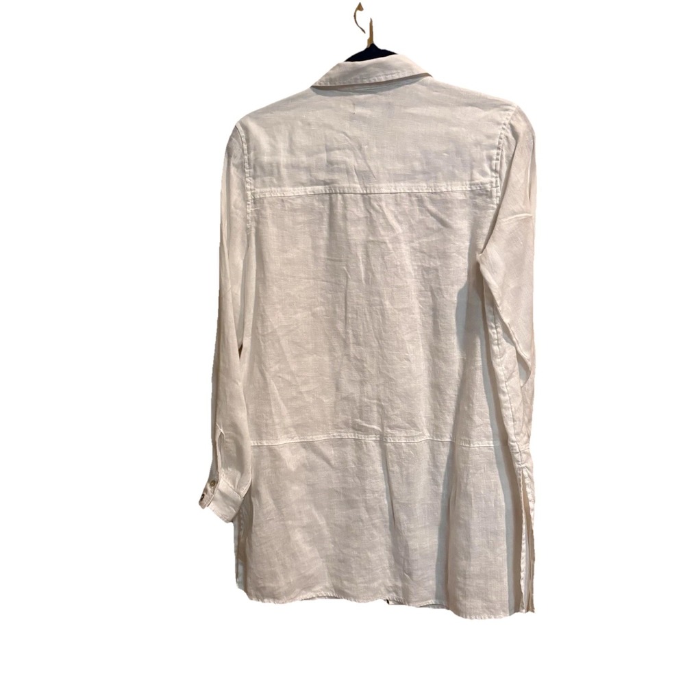 Tahari 100% Linen Button Front Shirt White‎ Long Sleeve Roll Tab Casual Women S - Picture 2 of 3